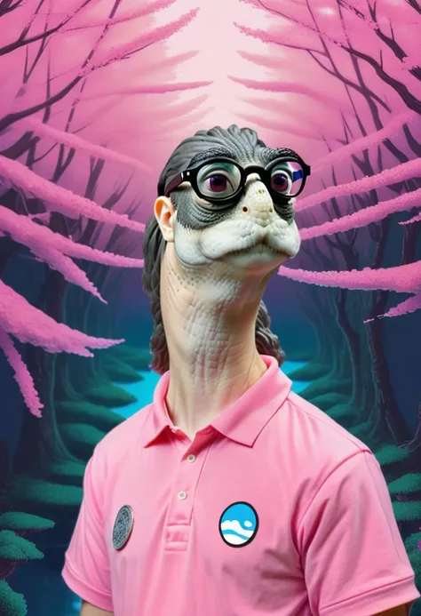 a portrait of Oogway1024, with a mullet, volume, wearing a pink polo shirt, wearing nerdy eyeglasses, vaporwave background