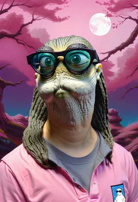 a portrait of Oogway1024, with a mullet, volume, wearing a pink polo shirt, wearing nerdy eyeglasses, vaporwave background