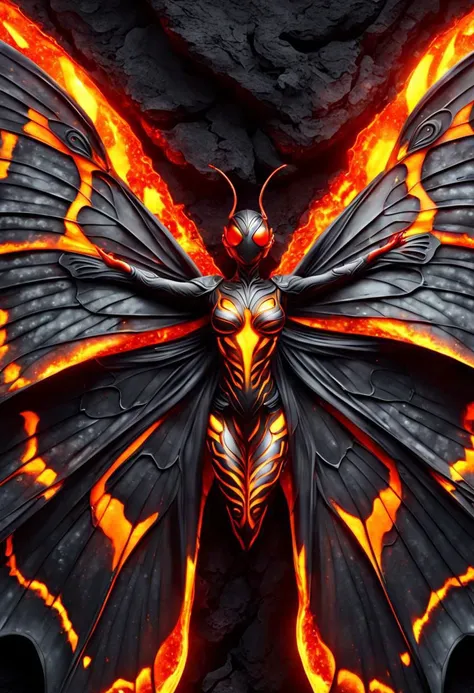 Beautiful woman Butterfly, lava, wings. detail, molten lava, glow, detailed texture