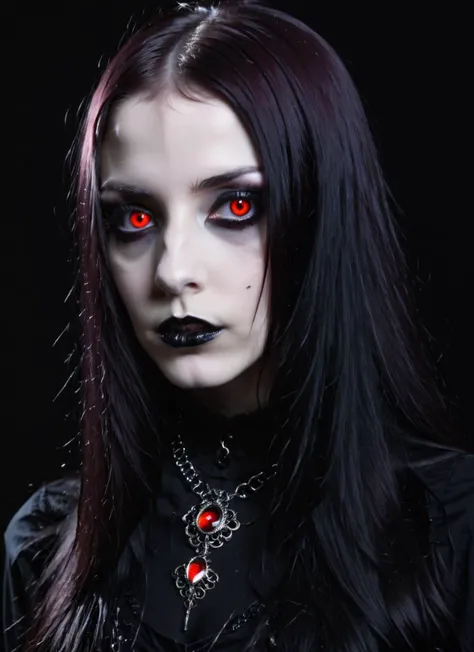 Goth girl 1girl,solo,long hair,looking at viewer,red eyes,jewelry,necklace,makeup,lipstick,black background,portrait,glowing eyes,