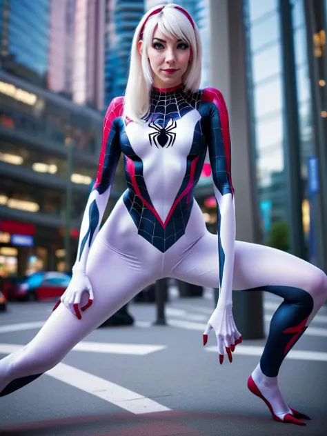 realistic photo of nagamiof dressed as a real life version of Spider-Gwen, cosplay