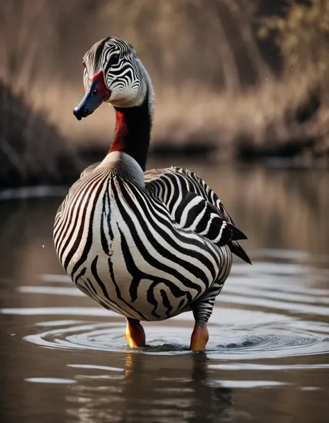 realistic photo of a zebra duck hybrid, dramatic cinematic LUT