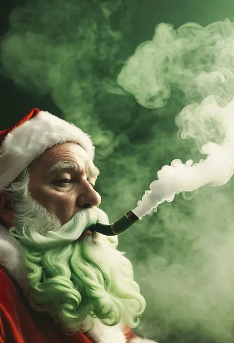 cinematic surreal photorealistic shot of billowing thick (green) smoke, santa smoking a pipe, greenteam, cinematic, high depth of field