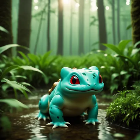 cinematic photo still of bulbasaur in a dense swamp, highly detailed, bokeh, cinemascope, film grain, battle, pokemon, hyper realism, bulbasaur