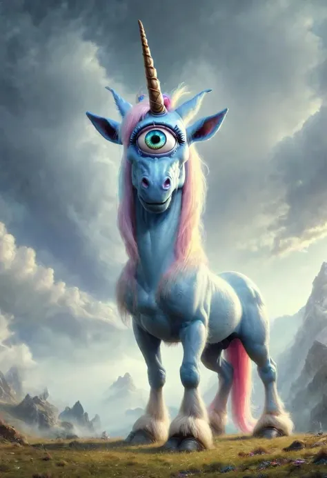 best quality,4k,8k,ultra hires,absurdres,photo realistic,RAW photo,hdr,sharp focus,skin imperfections,masterpiece,soft lighting,horror, skinny mare, (unicorn cyclops), one large eye in the center of the face, beautiful eye,eye smiles, horn, blue mane,