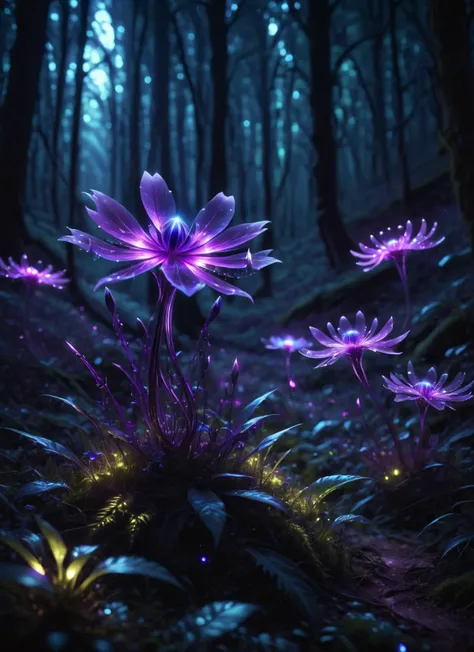 bioluminescent purple flower,fabulous night forest,magical radiance,Concept art,depth of field,Raw photo,realistic,cinematic lighting,soft shadows,sharp focus,fractal,colorful,depth of field,best quality,16k resolution,vivid colors,volumetric lighting,