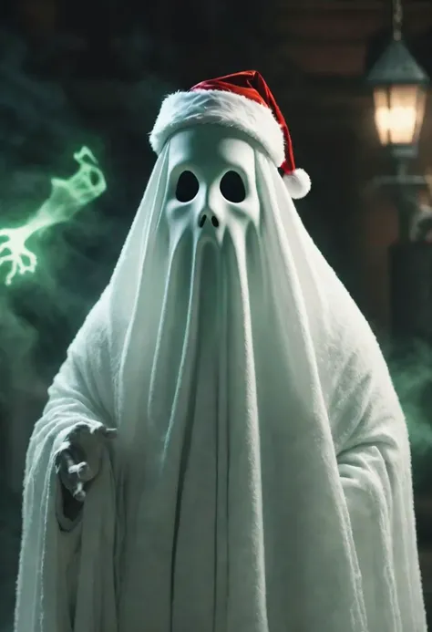 dramatic shot of ghost, AI Overlord Santa, greenteam, cinematic, high depth of field
