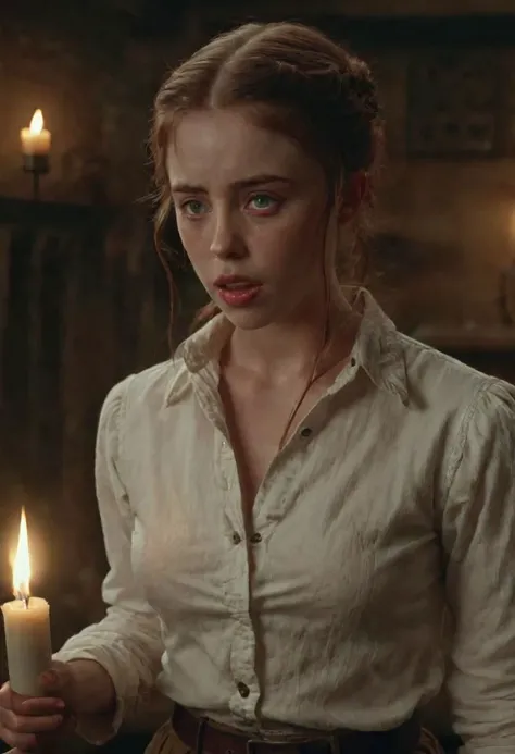 nsfw, highres masterpiece, award winning, medium full shot, a pretty cute irish girl, wearing nothing but an (19th century:1.2) cotton shirt, (completely unbuttoned shirt:1.2), opened shirt, parting lips, pleased, seductive, secretive, mysterious, ambiguous, inviting, devilish, exquisite lighting, intricately detailed, cinematic LUT