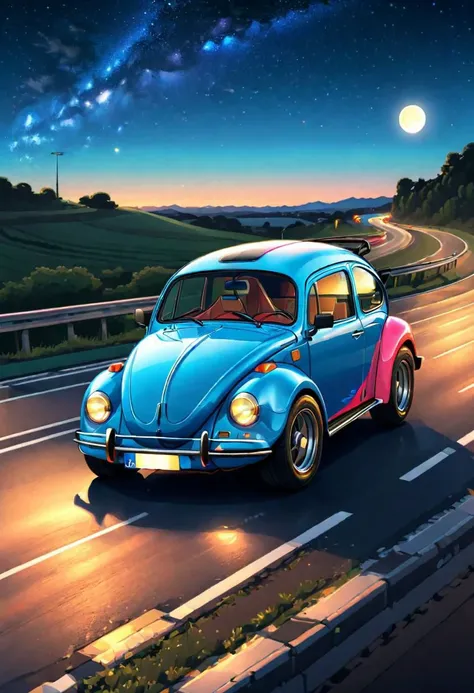 a supersport van, bettle style, high quality, high resolution, on a long straight road, at night, blue sky, real colors, lineart, vibrant colors, beautiful colors, isometric