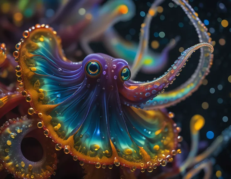 (best quality, masterpiece, hyperreal, ultra high res, photorealistic, raw photo, superb intricate, ultra detailed, highly contrasted, highly detailed colorful textures, sharp focus, 8K UHD), (macro photography, biolumiscent translucent glass octopus, macro lens, close up:3, FujiFilm X-T4 with Fujinon XF 35mm f/2 R WR), (National Geographic photographs:1.4), breathtaking, deep, vibrantly fresh, lushly crisp, vivid, beauty, mystique, wet moist atmosphere, iridescent water drops, misty mysterious magical scenery, spiral, rainbow, ammolite, Spectralism, (art by James Gurney, art by Fred Tomaselli, art by Max Magnus Norman:1.4), dynamic angle, __filmxl__,