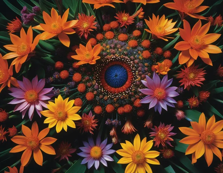 (best quality, masterpiece, ultra high res, photorealistic, raw photo, superb intricate, ultra detailed, highly contrasted, highly detailed colorful textures, sharp focus, 8K UHD), (macro photography, flowers and plants, macro lens, close view, FujiFilm X-T4 with Fujinon XF 35mm f/2 R WR), (National Geographic photographs:1.2), breathtaking, deep, vibrantly fresh, lushly crisp, vivid, beauty, mystique, Spectralism, (art by James Gurney, art by Fred Tomaselli, art by Max Magnus Norman:1.4), dynamic angle, Kodak Aerochrome,