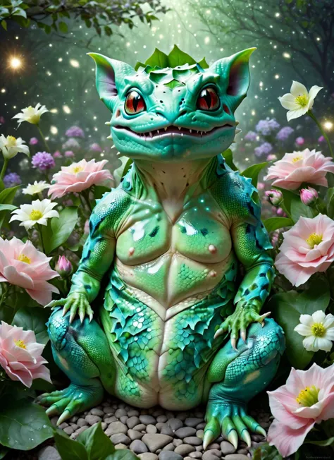 humanoid anthro bulbasaur, realistic detailed lizard skin, scales, surrounded by blooming flowers, glowing particles