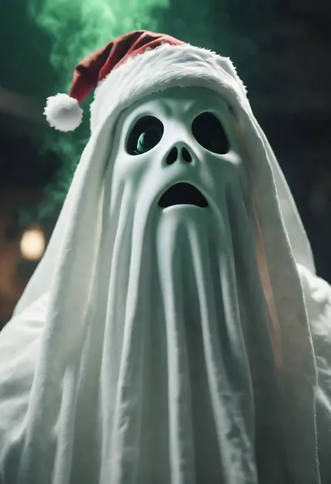 dramatic shot of ghost, AI Overlord Santa, greenteam, cinematic, high depth of field