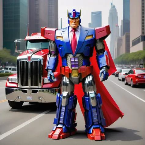 a hybrid of Donald Trump and Optimus Prime