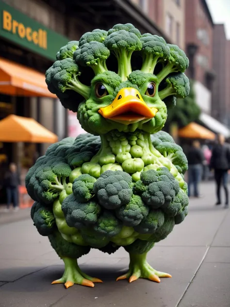 realistic photo of a humanoid broccoli duck hybrid monster