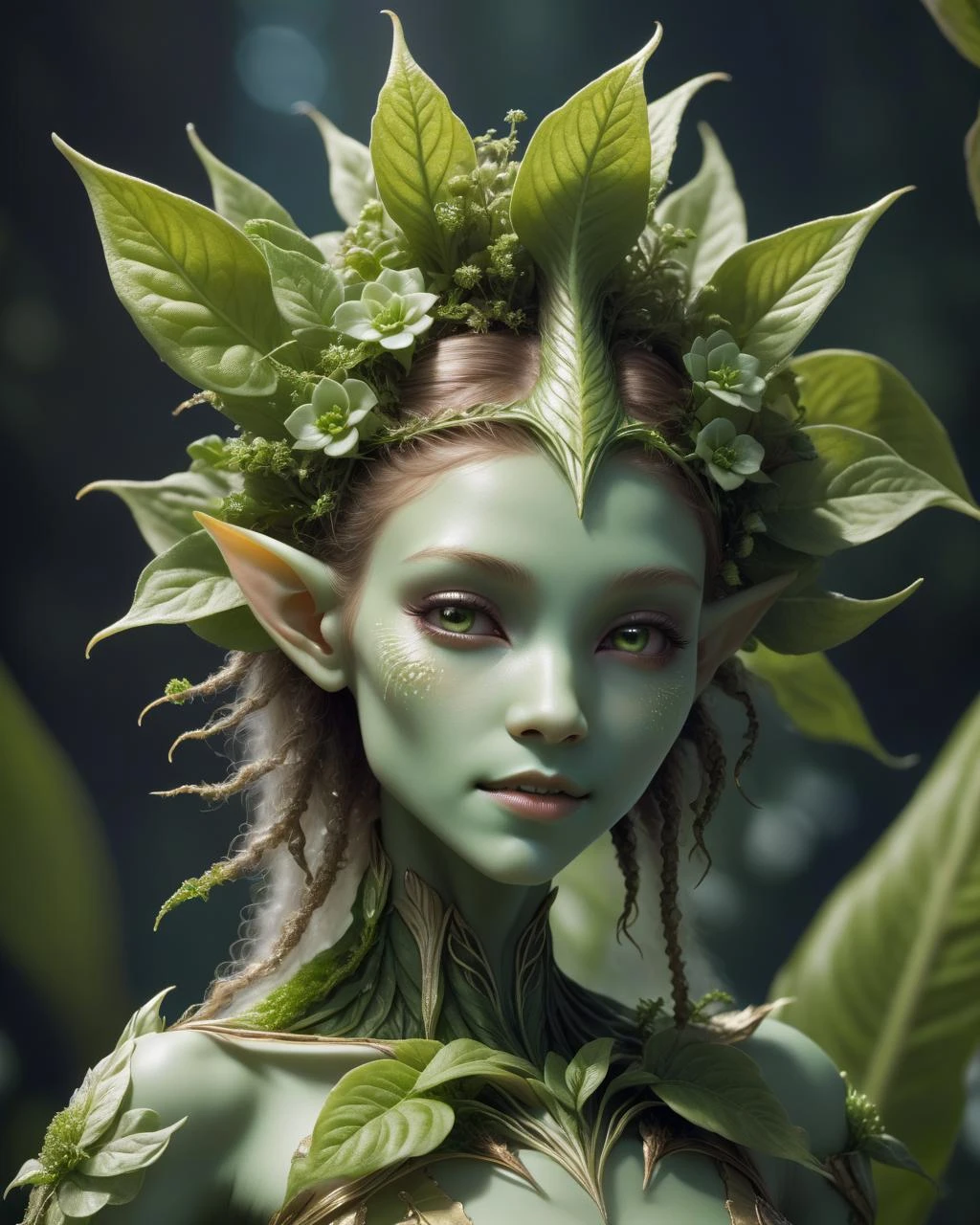 closeup of a young humanoid plant creature princess