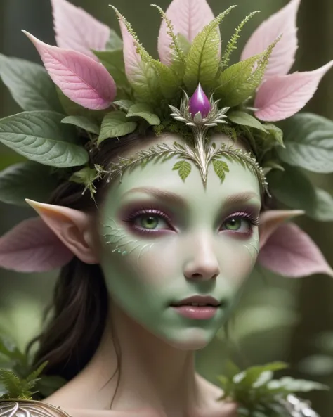 closeup of a young humanoid (plant creature) as princess of the forest