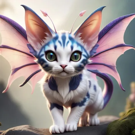 closeup of a cute adorable female cat fairy hybrid flying creature with long pointy ears, large dragon wings on its back