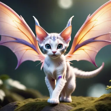 closeup of a cute adorable female cat fairy hybrid flying creature with long pointy ears, large dragon wings on its back