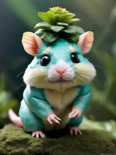 realistic photo of a humanoid hamster Venusaur hybrid, anthro creature