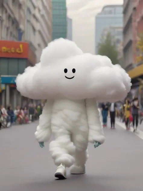 realistic photo of a humanoid cloud creature walking on the street