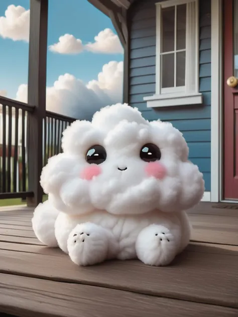 fluffy cloud pet creature sitting on the porch