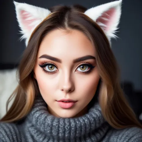 closeup photo of human woman with realistic cat ears, huge cute cat eyes, wearing woolen sweater