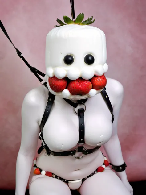 humanoid marshmallow creature, gagged, strawberry ballgag, gag harness
