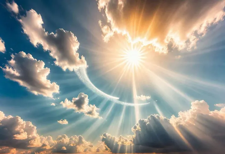 ((best quality)), ((masterpiece)), (detailed). detailed view of air spirits hovering in the sky at sunrise, fantasy, clouds, sun rays, mythical ethereal creatures, delicate, subtle, extra detail, ethereal, dynamism, cinematic shot from below. Employ high-resolution absurdly detailed imagery (absurdres:1.1) and utilize HDR techniques.