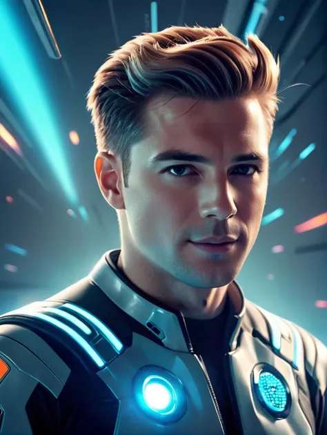 breathtaking sci-fi style a 40yr old Caucasian male with short quiff hairstyle , happy, proud, <lora:SDXL_FILM_PHOTOGRAPHY_STYLE_BetaV0.4:1>, futuristic, technological, space themes, advanced civilizations, light leaks, lens flares, masterpiece, award-winning, professional, highly detailed