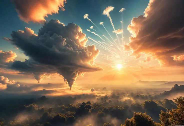 ((best quality)), ((masterpiece)), (detailed). detailed view of air spirits hovering in the sky at sunrise, fantasy, clouds, sun rays, mythical ethereal creatures, delicate, subtle, extra detail, ethereal, gothic, dynamism, cinematic shot from below. Employ high-resolution absurdly detailed imagery (absurdres:1.1) and utilize HDR techniques.