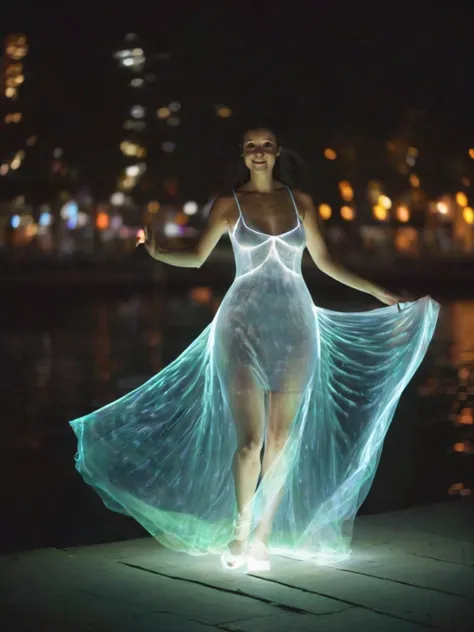 floating glowing transparent dress, night photography