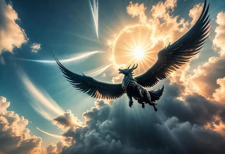 ((best quality)), ((masterpiece)), (detailed). detailed view of air spirits hovering in the sky at sunrise, fantasy, clouds, sun rays, mythical ethereal creatures, delicate, subtle, extra detail, ethereal, gothic, dynamism, cinematic shot from below. Employ high-resolution absurdly detailed imagery (absurdres:1.1) and utilize HDR techniques.