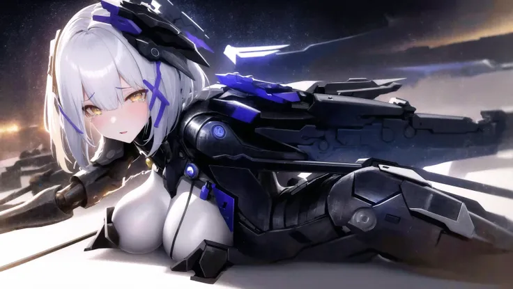absurdres ,solo,masterpiece, best quality, girl,full body armored,machine wings, mech wings blue armor,mech breasts, looking forward, medium woman breasts, long spear in hand, sliver hair,blue hair,mixcolored hair,robotic hands , machinery girl ,expression | right eye a tear,upper body,yellow eyes, aurora, bangs, city_lights, earth_\(planet\), from_side, galaxy, headgear, light_particles, medium_breasts, milky_way, night, night_sky, planet, science_fiction, shooting_star,sky,space, star_\(sky\), starry_sky, starry_sky_print,