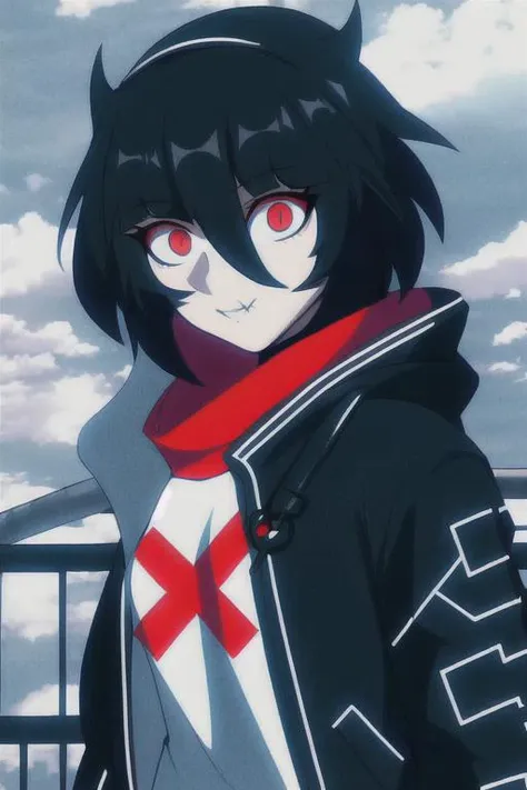<lora:ScarletV2:1>, best quality, 1girl, black hair, red_eyes, park, city, outdoors, black jacket,