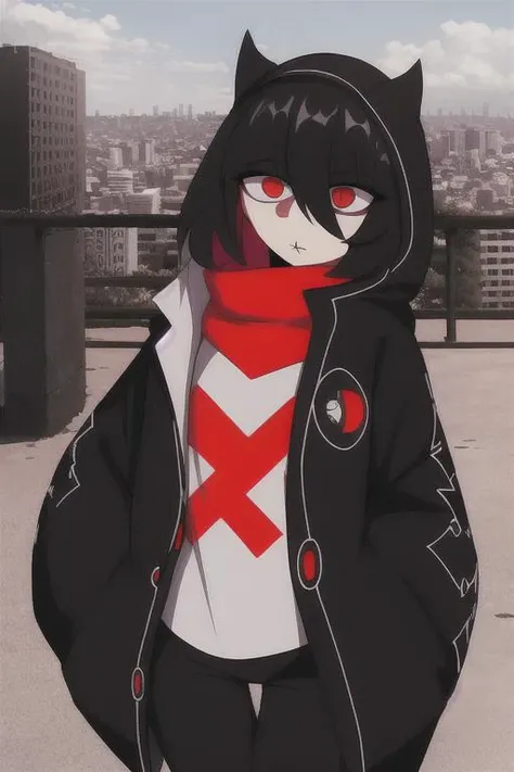 <lora:ScarletV4:1>, best quality, 1girl, park, city, outdoors, black jacket, black pants, red eyes