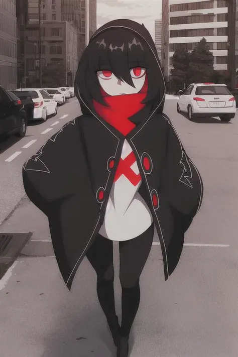 <lora:ScarletV4:1>, best quality, 1girl,  park, city, outdoors, black jacket,  black pants, red eyes