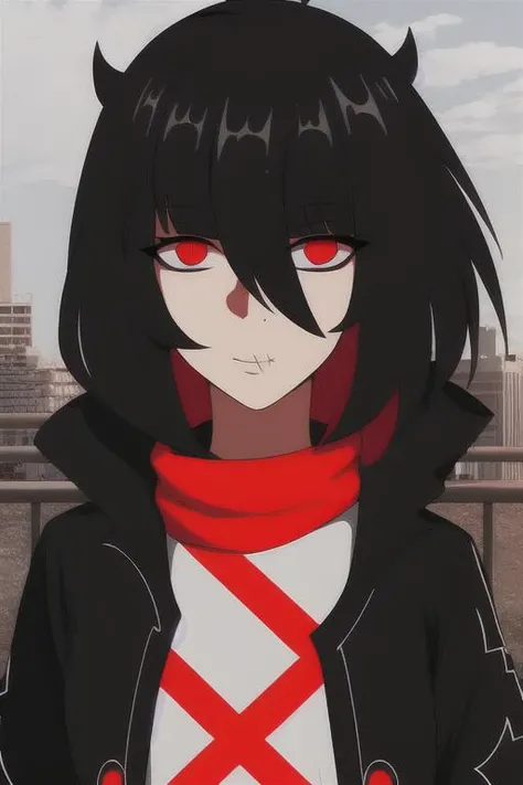 <lora:ScarletV5:1>, best quality, 1girl, black hair, red_eyes, park, city, outdoors, black jacket,