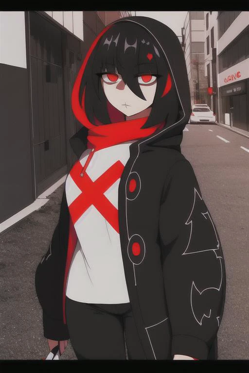 <lora:ScarletV5:.95>, best quality, 1girl, black hair, red_eyes, city, outdoors, black jacket, hood