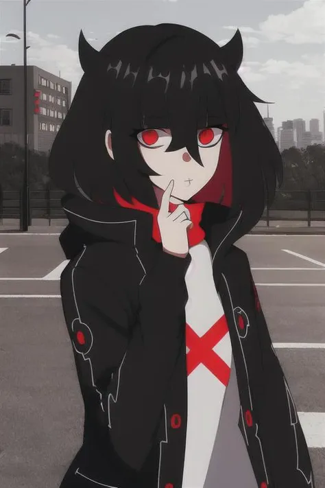<lora:ScarletV5:1>, best quality, 1girl, black hair, red_eyes, park, city, outdoors, black jacket,
