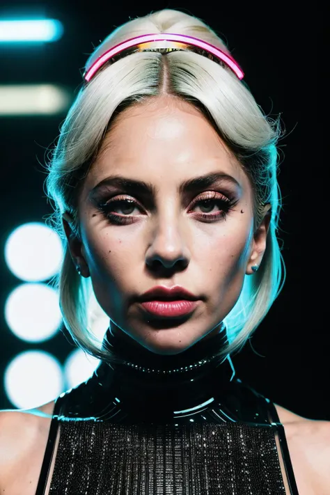 ladyGa1 in cyber neon lighting, futurism, intricate futuristic jewelry accessories, cyberpunk glossy white latex turtleneck, hyper photorealistic, crispy quality, digital photography, trending in artstation, trending in pinterest, cinematic, 4 k ultra hd, art by pascal blanche, art by greg rutkowski