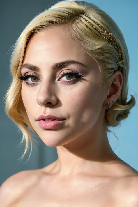 Lady Gaga puts on beautiful makeup, wears a pink evening gown, posing in front of the camera