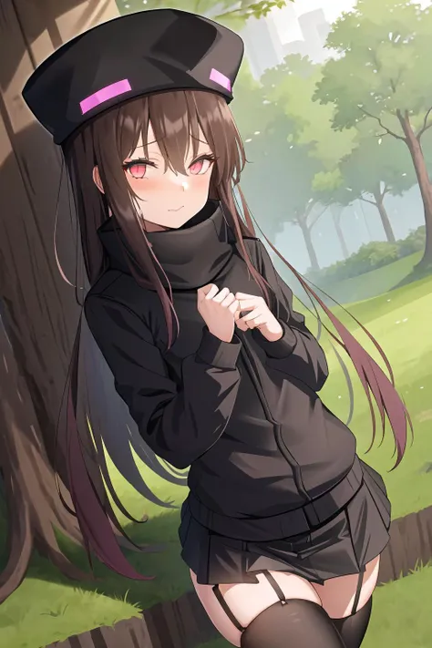AndrMC, 1girl, solo, black_jacket, skirt, thighhighs, garter_straps, ender_hat, cute, nature <lora:AndrMC_v1.0:0.6>