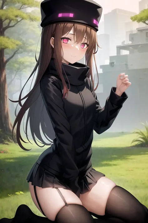 AndrMC, 1girl, solo, black_jacket, skirt, thighhighs, garter_straps, ender_hat, nature <lora:AndrMC_v1.0:0.6>