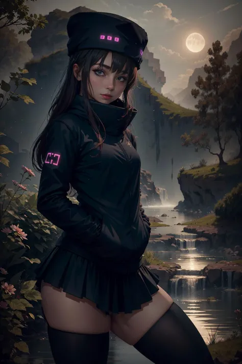 highres, masterpiece, perfect ligthing, bloom, night, cinematic lighting, AndrMC, 1girl, solo, black_jacket, skirt, thighhighs, garter_straps, ender_hat, nature <lora:AndrMC_v1.0:0.7>