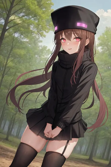 AndrMC, 1girl, solo, black_jacket, skirt, thighhighs, garter_straps, ender_hat, inside forest <lora:AndrMC_v1.0:0.6>