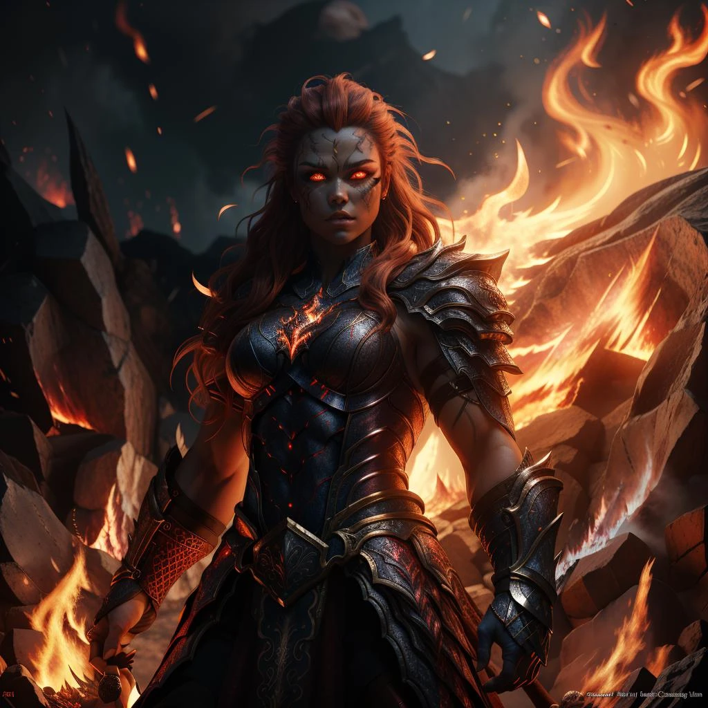 RAW photo, (high detailed skin, detailed eyes:1.1), intricate details, best quality, 8k uhd, soft lighting, fire giant, 1girl, armor, red hair, breastplate, colored skin, flaming eye, full armor, glowing eyes, molten rock, orange hair <lora:RPGFireGiant:1>