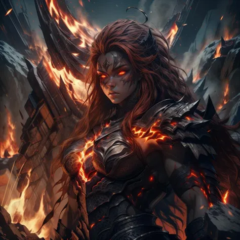 RAW photo, (high detailed skin, detailed eyes:1.1), intricate details, best quality, 8k uhd, soft lighting, fire giant, 1girl, armor, red hair, breastplate, colored skin, flaming eye, full armor, glowing eyes, molten rock, orange hair, mountain on fire  <lora:RPGFireGiant:1>