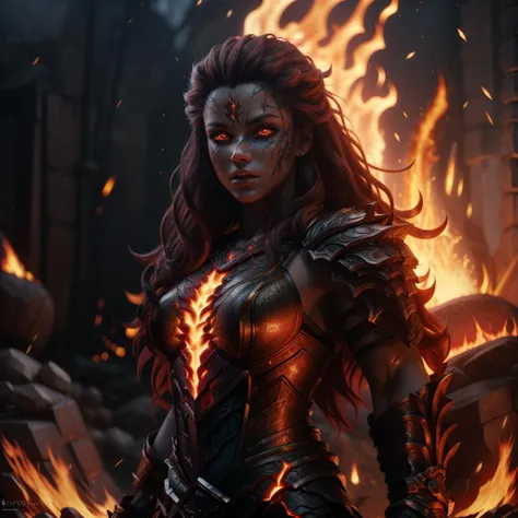 RAW photo, (high detailed skin, detailed eyes:1.1), intricate details, best quality, 8k uhd, soft lighting, fire giant, 1girl, armor, red hair, breastplate, colored skin, flaming eye, full armor, glowing eyes, molten rock, orange hair <lora:RPGFireGiant:1>