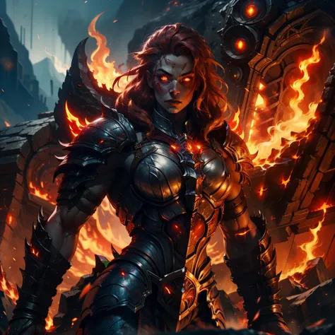 (Masterpiece, Best Quality, High Quality, cgi,octane render), dim lighting, detailed shadows, high detail, action pose, <lora:Parrley1:0.85>Parrley_armor, woman wearing black gold and red ornate Parrley_armor,glowing big bulky futuristic armor, (warhammer40k), sisters of battle armor, holding large sword , riuned city in background, outside, mist, smoke, long red hair, face scars